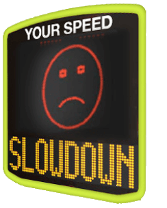 MotionIQ Pro radar speed-awareness board displaying YOUR SPEED and a SLOW DOWN warning